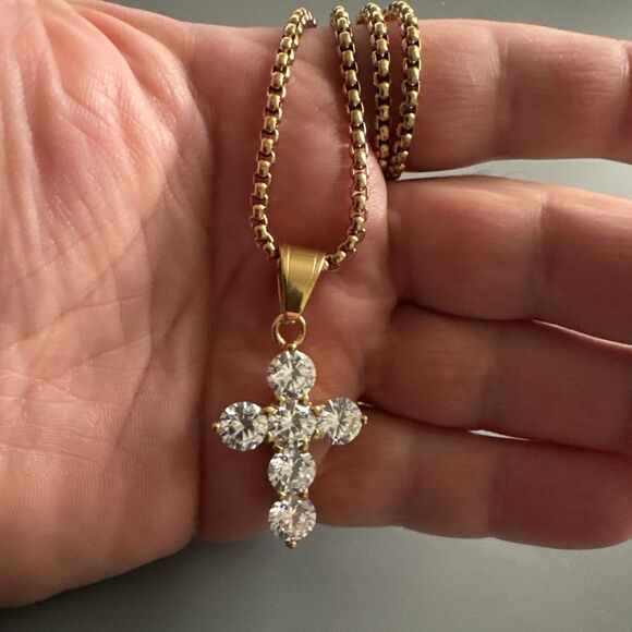 Cubic Zirconia Stainless Steel Cross Pendant Gift Trendy 24” Necklace Gold Tone - Picture 5 of 6